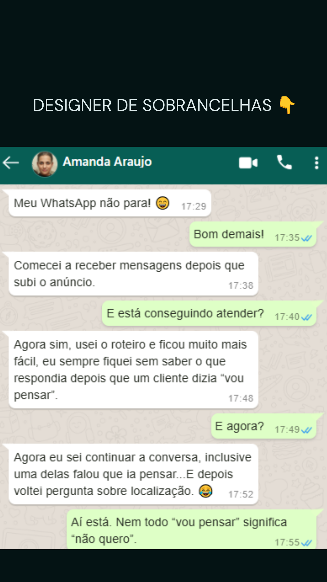 Print de conversa: designer de sobrancelhas usando o roteiro de atendimento