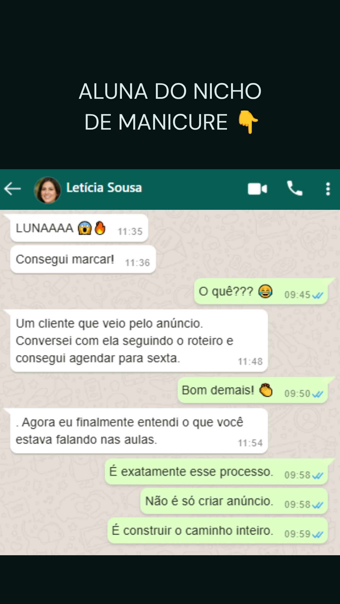 Print de conversa: aluna do nicho de manicure conseguindo agendar cliente